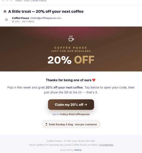 A branded promotional email from a creator's Hubzy page