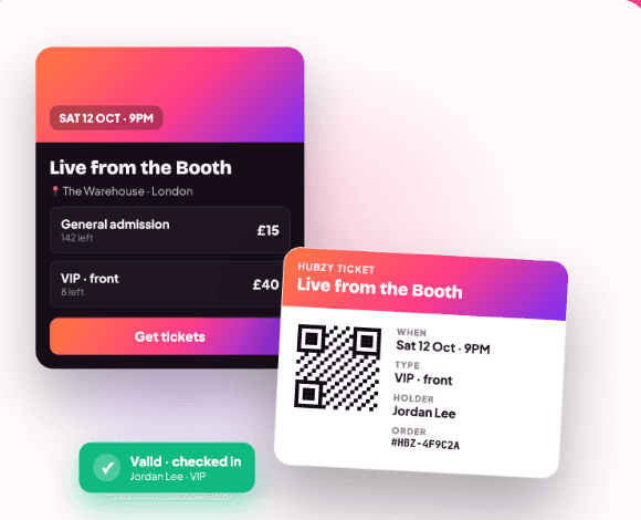 A Hubzy ticket showing tier, date, venue and holder with a QR code, marked valid and checked in