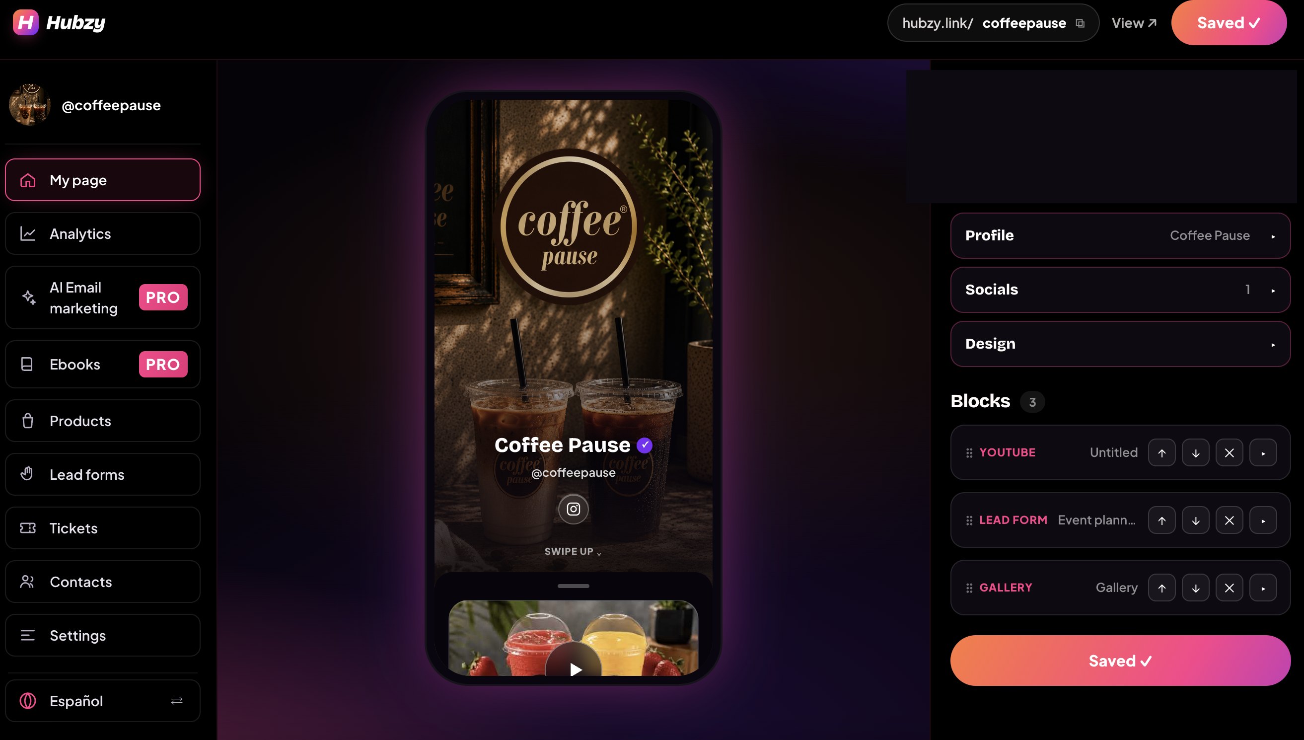 The Hubzy dashboard editing Coffee Pause's page