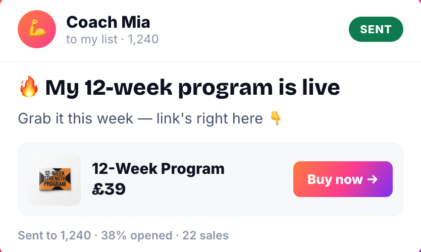A campaign sent to 1,240 subscribers — 38% opened, 22 sales