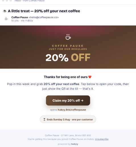 A branded promotional email from a creator's page
