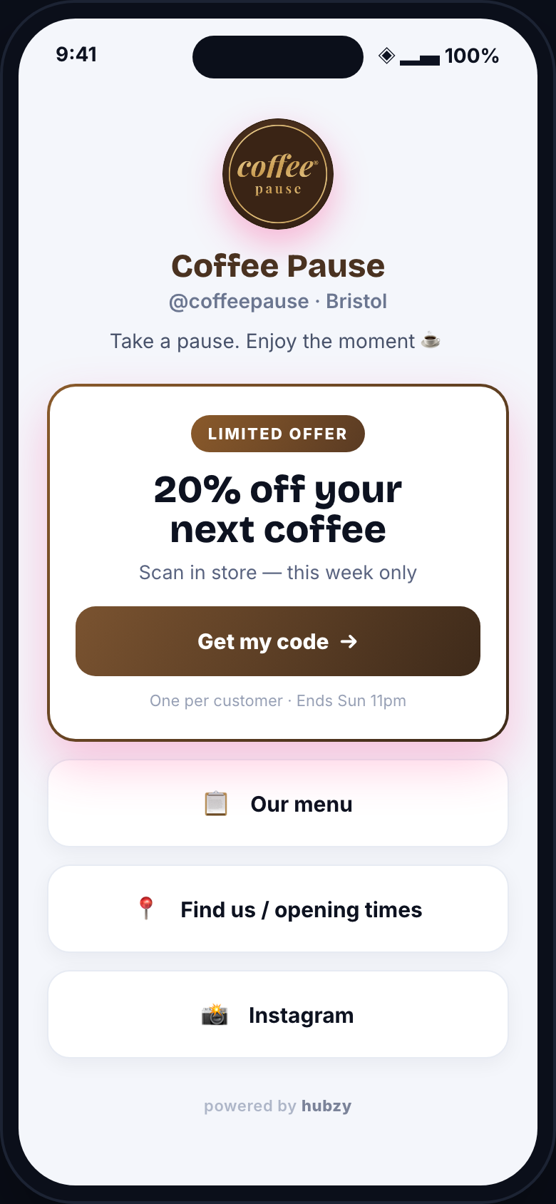 A 20% off offer on a coffee shop's Hubzy page