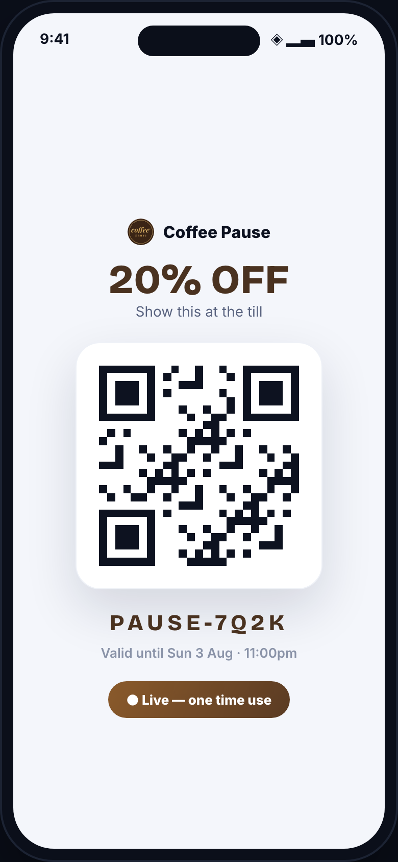 The claimed QR code and single-use code shown at the till